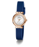 GUESS Ladies Blue Rose Gold Tone Analog Watch with blue strap and rose gold case on white background