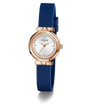 GUESS Ladies Blue Rose Gold Tone Analog Watch with blue strap and rose gold case on white background