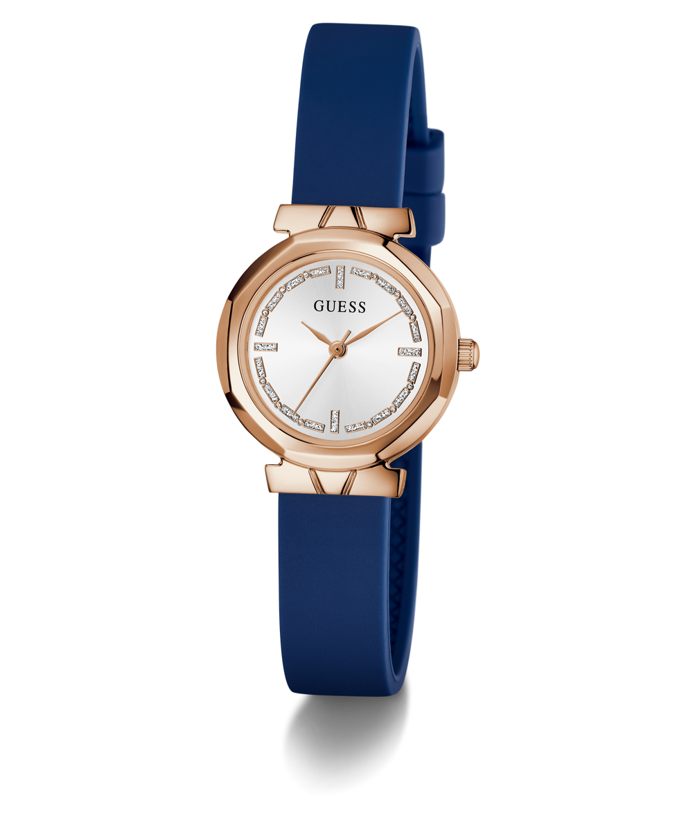 GUESS Ladies Blue Rose Gold Tone Analog Watch with blue strap and rose gold case on white background
