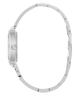 Side of GUESS Ladies Silver Tone Analog Watch with a detailed band design on a white background
