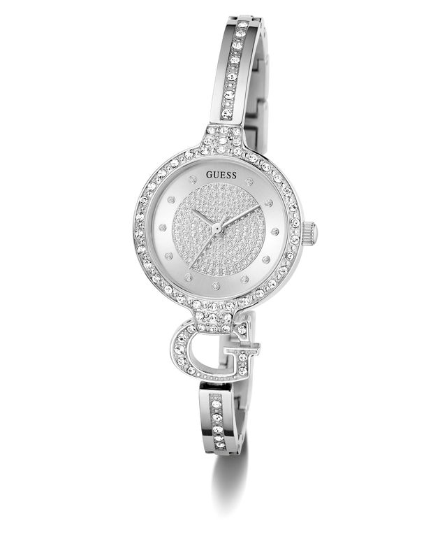 GUESS Ladies Silver Tone Analog Watch with crystal embellishments on a white background