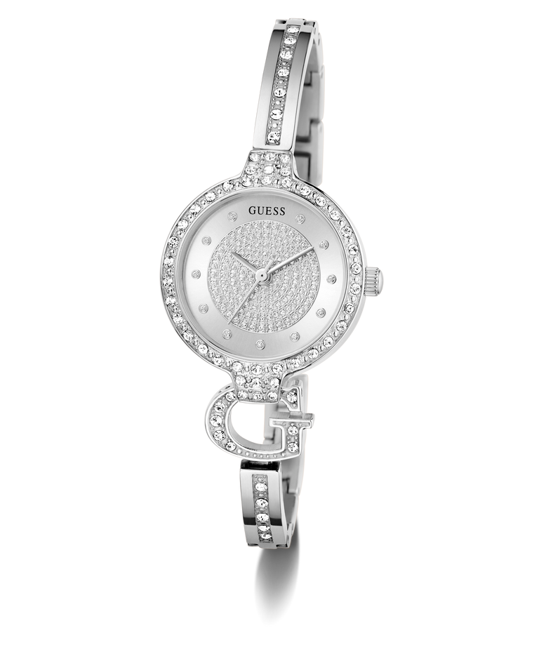 GUESS Ladies Silver Tone Analog Watch with crystal embellishments on a white background