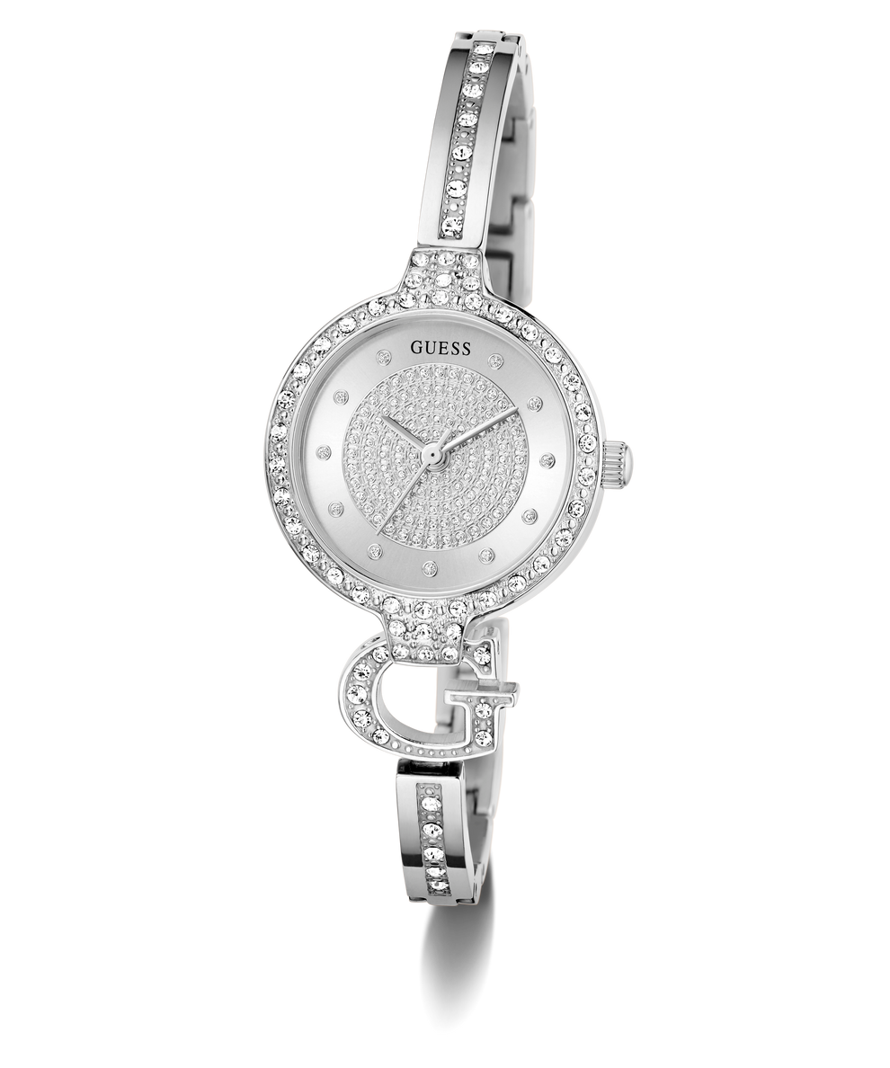 GUESS Ladies Silver Tone Analog Watch with crystal embellishments on a white background