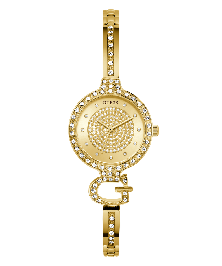 GUESS Ladies Gold Tone Analog Watch with diamond-studded face and bracelet on a white background