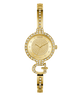 GUESS Ladies Gold Tone Analog Watch with diamond-studded face and bracelet on a white background