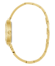 Side of GUESS Ladies Gold Tone Analog Watch with a detailed case on a white background