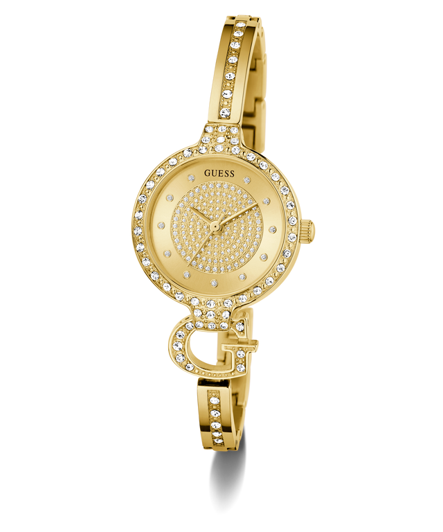 GUESS Ladies Gold Tone Analog Watch with diamond accents on a white background