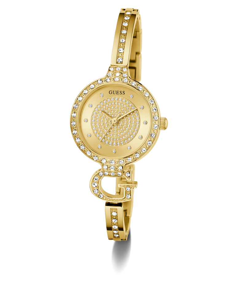 GUESS Ladies Gold Tone Analog Watch with diamond accents on a white background