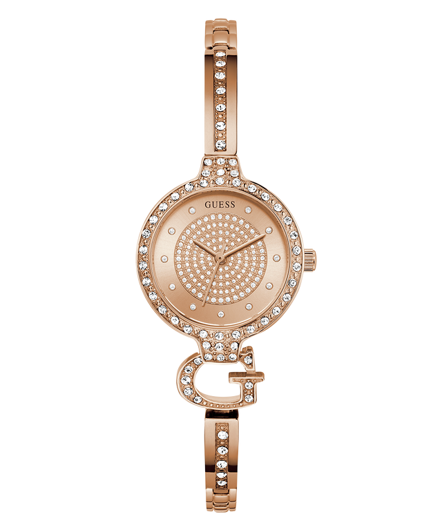 GUESS Ladies Rose Gold Tone Analog Watch with diamond-studded face on a white background