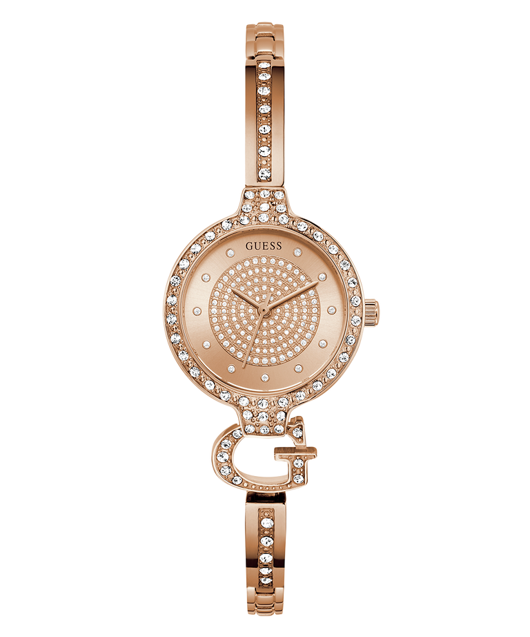 GUESS Ladies Rose Gold Tone Analog Watch with diamond-studded face on a white background