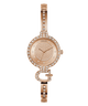 GUESS Ladies Rose Gold Tone Analog Watch with diamond-studded face on a white background