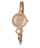 GUESS Ladies Rose Gold Tone Analog Watch with crystal embellishments on a white background