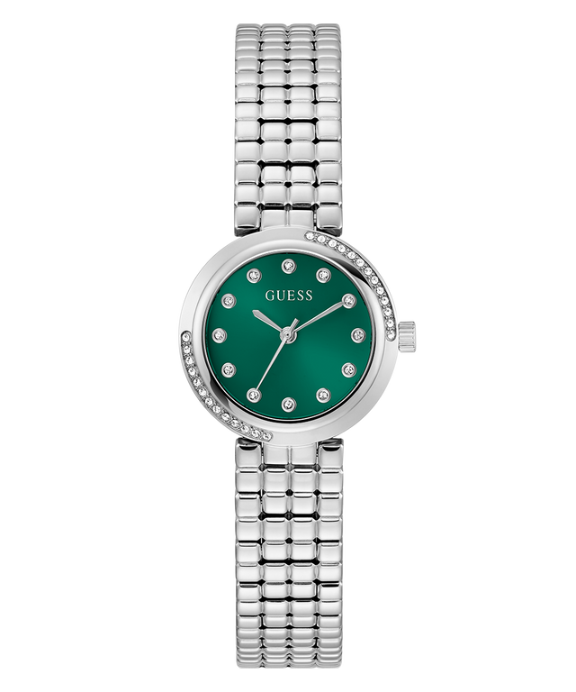 GUESS Ladies Silver Tone Analog Watch with a green face on a white background