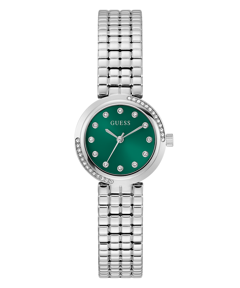 GUESS Ladies Silver Tone Analog Watch with a green face on a white background