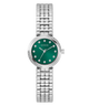GUESS Ladies Silver Tone Analog Watch with a green face on a white background