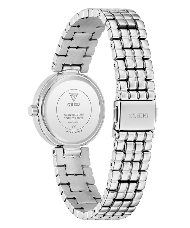 GUESS Ladies Silver Tone Analog Watch caseback with metal band on a white background