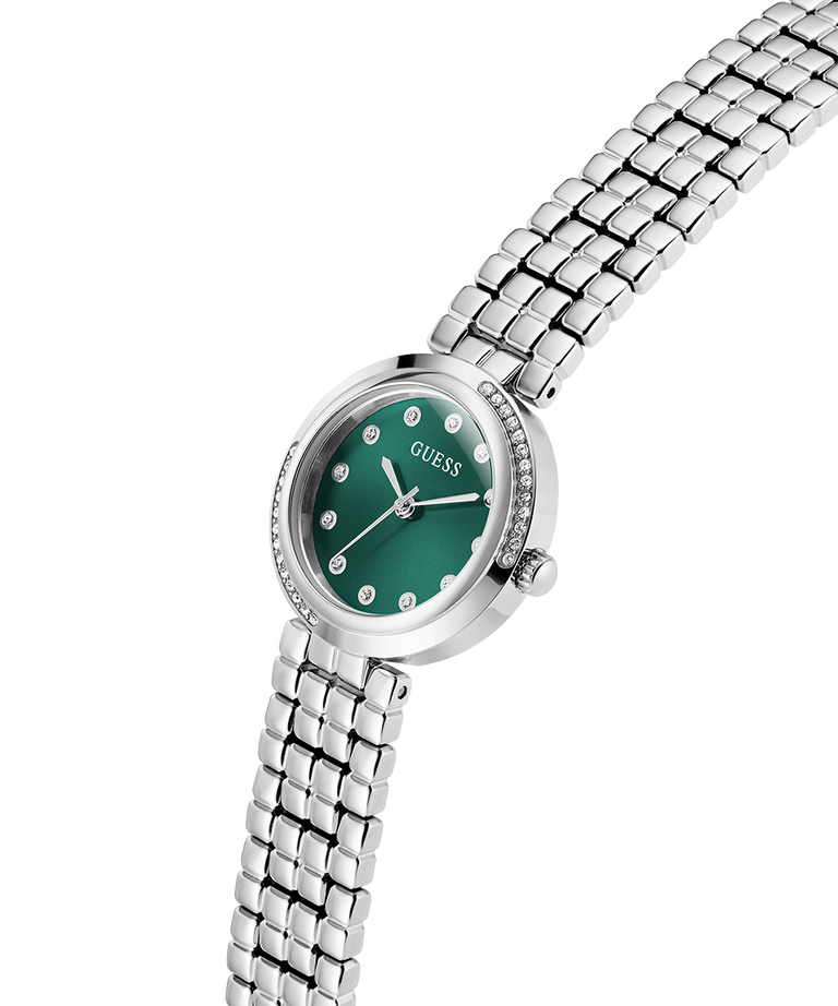 GUESS Ladies Silver Tone Analog Watch with a green face on a white background lifestyle