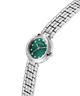 GUESS Ladies Silver Tone Analog Watch with a green face on a white background lifestyle