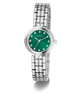 GUESS Ladies Silver Tone Analog Watch with a green face on a white background