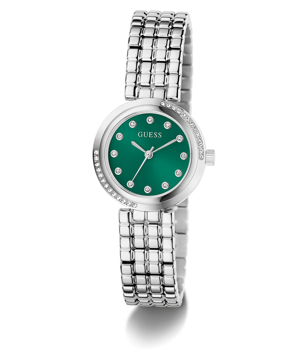 GUESS Ladies Silver Tone Analog Watch with a green face on a white background