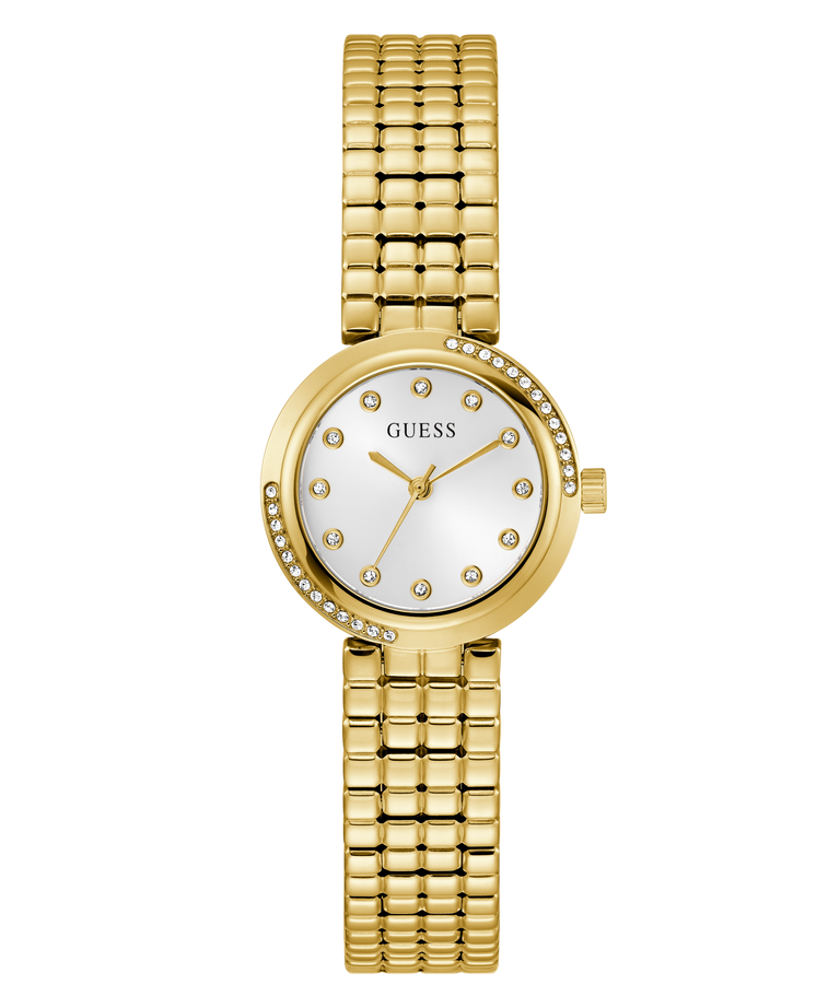 GUESS Ladies Gold Tone Analog Watch with a white face on a white background