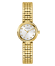 GUESS Ladies Gold Tone Analog Watch with a white face on a white background