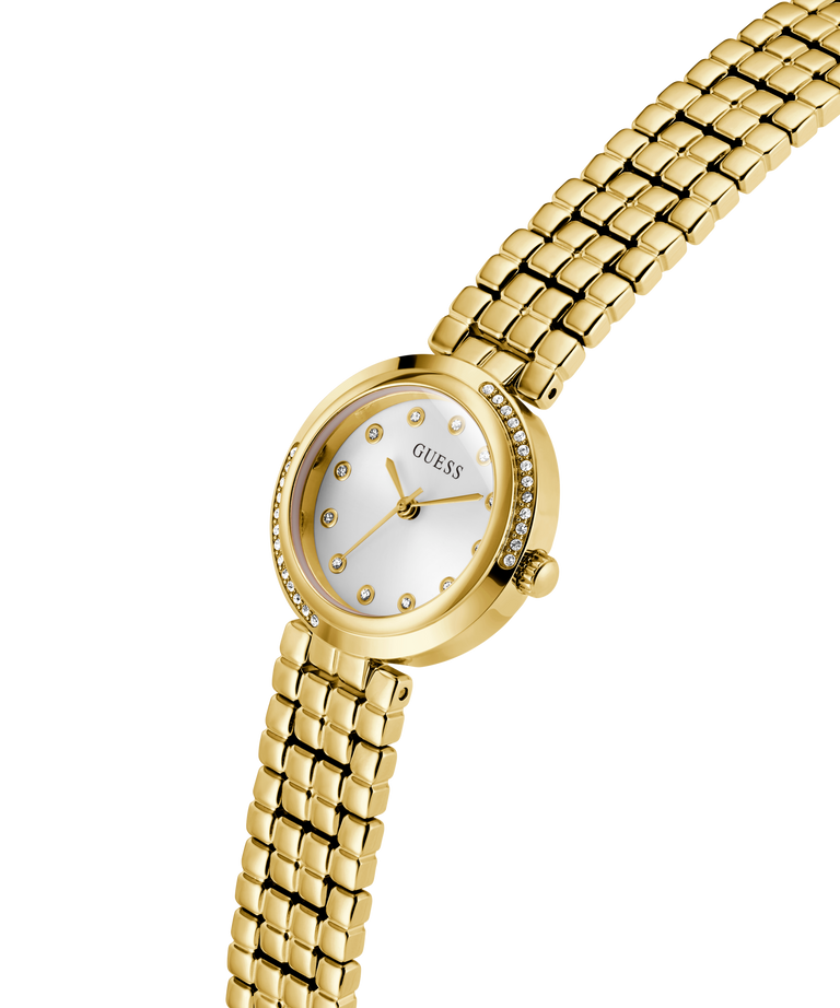 Gold watch with a white face on a white background lifestyle