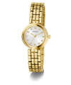 GUESS Ladies Gold Tone Analog Watch with a white face on a white background