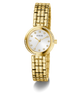 GUESS Ladies Gold Tone Analog Watch with a white face on a white background