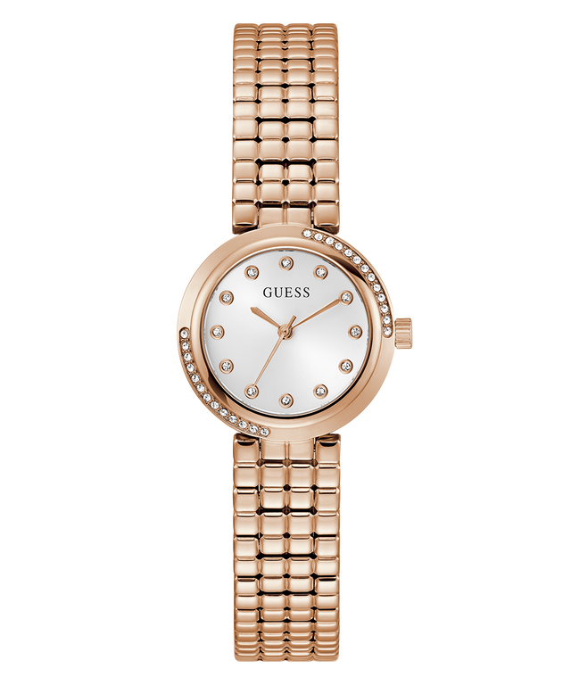 GUESS Ladies Rose Gold Tone Analog Watch with a white face on a white background