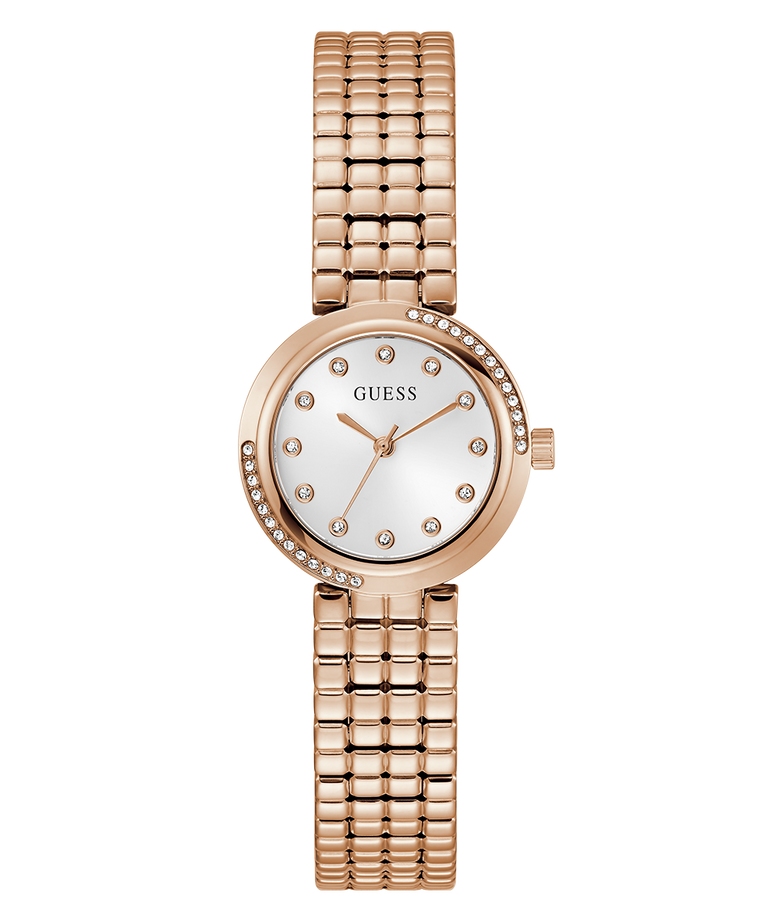 GUESS Ladies Rose Gold Tone Analog Watch with a white face on a white background