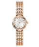 GUESS Ladies Rose Gold Tone Analog Watch with a white face on a white background