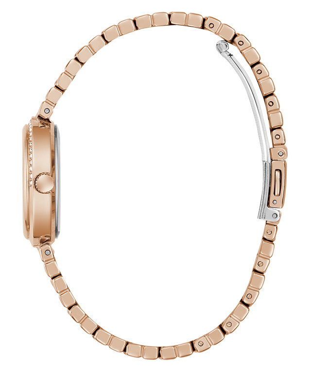 side of GUESS Ladies Rose Gold Tone Analog Watch band on a white background