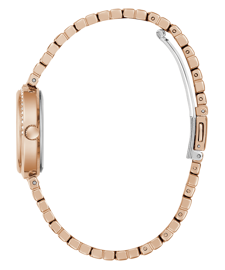 side of GUESS Ladies Rose Gold Tone Analog Watch band on a white background