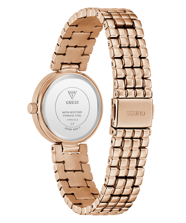 GUESS Ladies Rose Gold Tone Analog Watch caseback with metal band on a white background