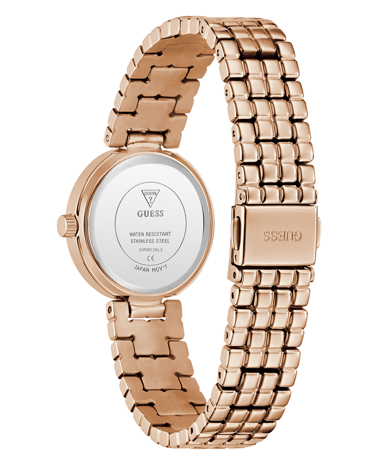 GUESS Ladies Rose Gold Tone Analog Watch caseback with metal band on a white background