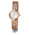 GUESS Ladies Rose Gold Tone Analog Watch with a white face on a white background