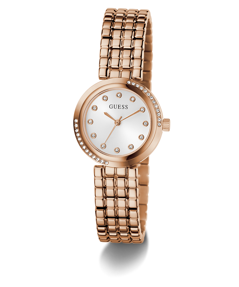 GUESS Ladies Rose Gold Tone Analog Watch with a white face on a white background
