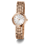 GUESS Ladies Rose Gold Tone Analog Watch with a white face on a white background