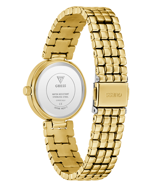 Gold watch with a white face on a white background