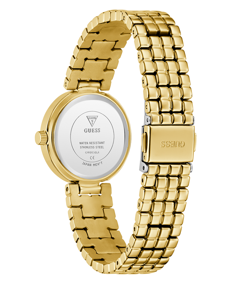 Gold watch with a white face on a white background