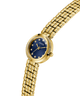 Gold watch with a blue face on a white background lifestyle