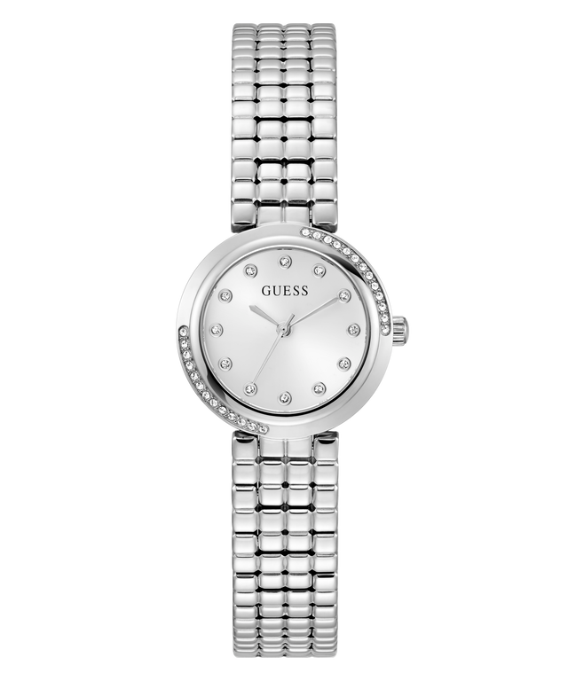 GUESS Ladies Silver Tone Analog Watch with a white face on a white background
