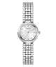 GUESS Ladies Silver Tone Analog Watch with a white face on a white background