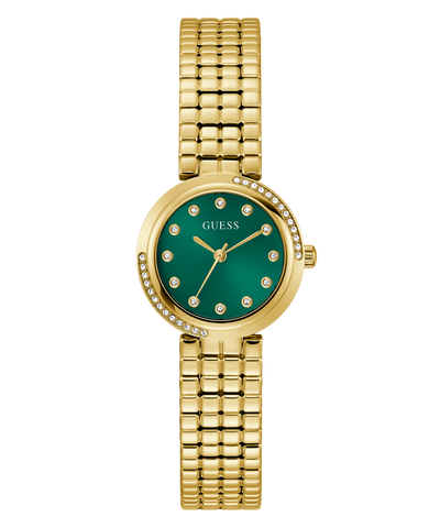 GUESS Ladies Gold Tone Analog Watch with a green face on a white background
