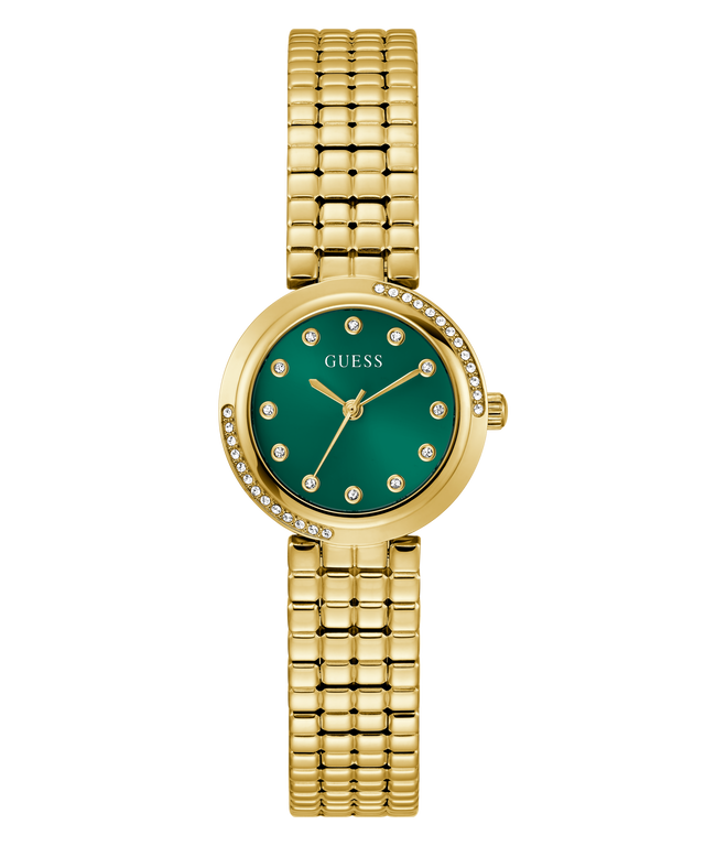GUESS Ladies Gold Tone Analog Watch with a green face on a white background