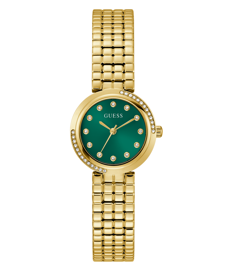 GUESS Ladies Gold Tone Analog Watch with a green face on a white background