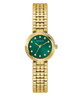 GUESS Ladies Gold Tone Analog Watch with a green face on a white background