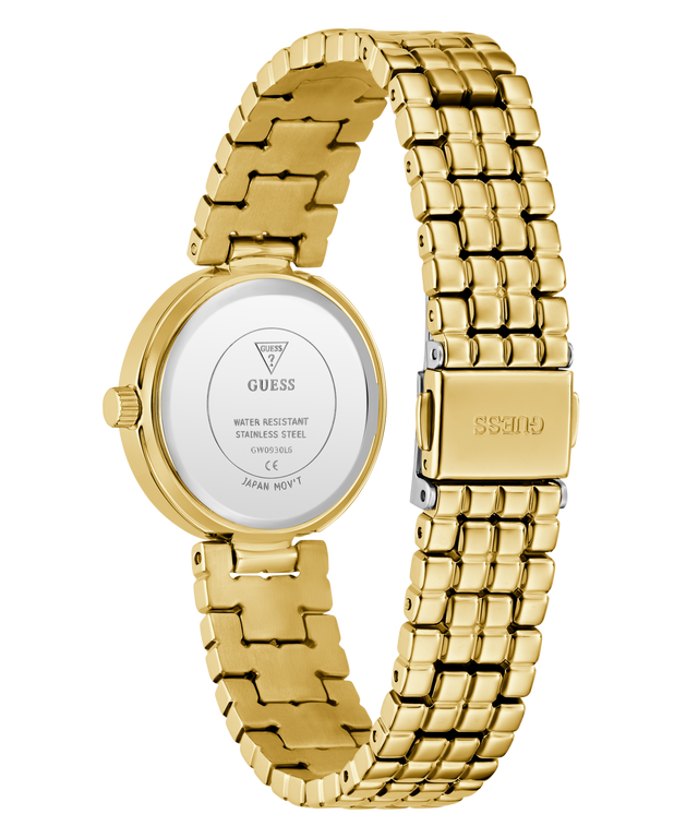 GUESS Ladies Gold Tone Analog Watch with a white face on a white background