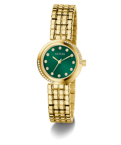 GUESS Ladies Gold Tone Analog Watch with a green face on a white background